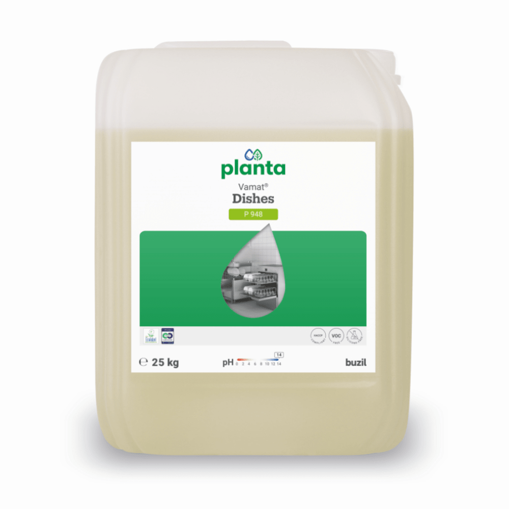 A 25-liter canister made of transparent plastic containing Vamat® Dishwashing Liquid P948 from BUZIL-WERK, an ecological, alkaline liquid glass and dishwashing detergent for commercial machines, with a green/white label and a photo of kitchenware on the front.