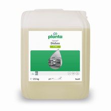 A 25-liter canister made of transparent plastic containing Vamat® Dishwashing Liquid P948 from BUZIL-WERK, an ecological, alkaline liquid glass and dishwashing detergent for commercial machines, with a green/white label and a photo of kitchenware on the front.