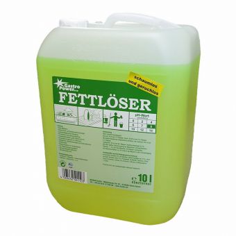 A 10-liter plastic container of GastroPower grease remover, foamless and odorless from Abena Re-Seller GmbH for kitchen degreasing, with product information, instructions, and safety symbols on the front, as well as a white handle and lid.