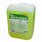A 10-liter plastic container of GastroPower grease remover, foamless and odorless from Abena Re-Seller GmbH for kitchen degreasing, with product information, instructions, and safety symbols on the front, as well as a white handle and lid.