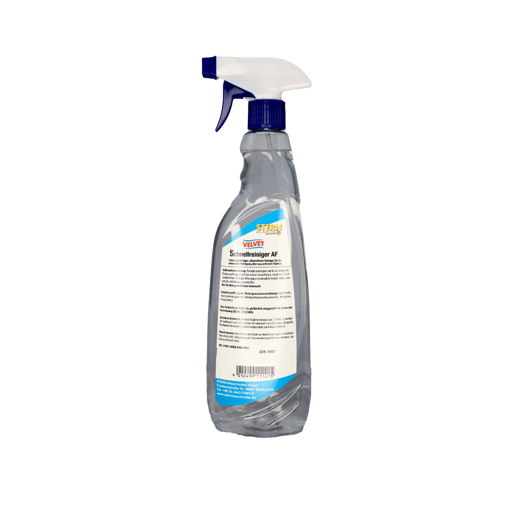 A clear 1-liter bottle of Velvet Quick Cleaner AF with spray attachment from the Stern Waschmittel GmbH, with a white and blue nozzle and a white label with German text and a blue-yellow logo on top, ideal for daily cleaning.