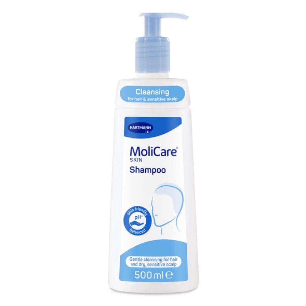 The Hartmann MoliCare Skin Shampoo 500ml from Paul Hartmann AG is available in a bottle with a pump and is ideal for gentle cleansing of hair and sensitive scalp. The pH skin-neutral formula and product details are depicted on the label with a blue head contour.