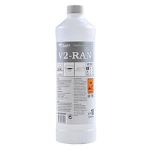 GastroPower V2-RAN, 1 l (4*1) from Abena Re-Seller GmbH: Stainless steel cleaner in a plastic bottle with gray/white label, instructions, pH scale, and hazard symbols - ideal for hygienic cleaning in catering establishments.