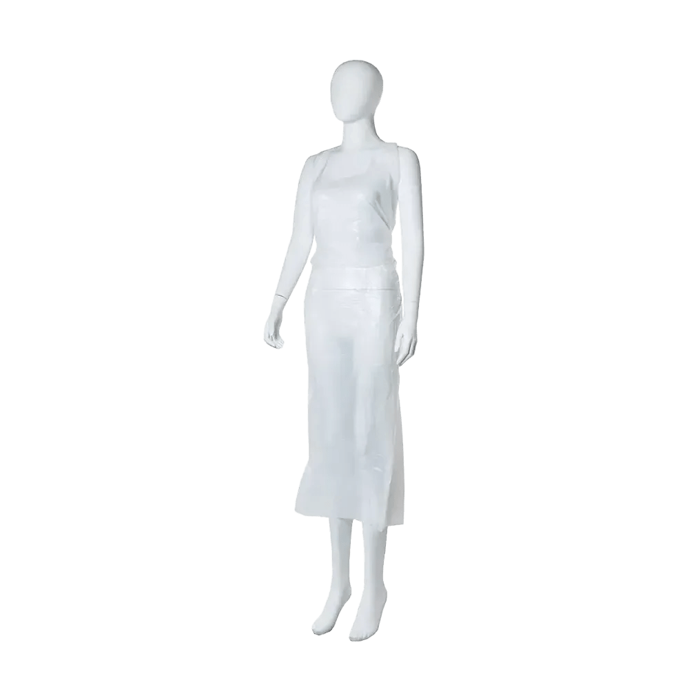 A white mannequin is wearing a long, sleeveless, knee-length MED-COMFORT PE disposable apron (100 x 140 cm, white) from AMPri Handelsgesellschaft mbH against a plain white background. Box contains 70 pieces.