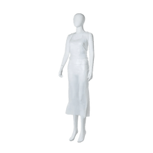 A white mannequin is wearing a long, sleeveless, knee-length MED-COMFORT PE disposable apron (100 x 140 cm, white) from AMPri Handelsgesellschaft mbH against a plain white background. Box contains 70 pieces.