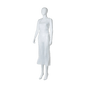 A white mannequin is wearing a long, sleeveless, knee-length MED-COMFORT PE disposable apron (100 x 140 cm, white) from AMPri Handelsgesellschaft mbH against a plain white background. Box contains 70 pieces.