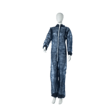 A white mannequin is wearing the MED-COMFORT PP overall with a stand-up collar, blue, from AMPri Handelsgesellschaft mbH - a dark blue full-body overall with a white zipper - in front of a plain white background.
