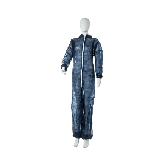 A white mannequin is wearing the MED-COMFORT PP overall with a stand-up collar, blue, from AMPri Handelsgesellschaft mbH - a dark blue full-body overall with a white zipper - in front of a plain white background.