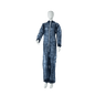 A white mannequin is wearing the MED-COMFORT PP overall with a stand-up collar, blue, from AMPri Handelsgesellschaft mbH - a dark blue full-body overall with a white zipper - in front of a plain white background.