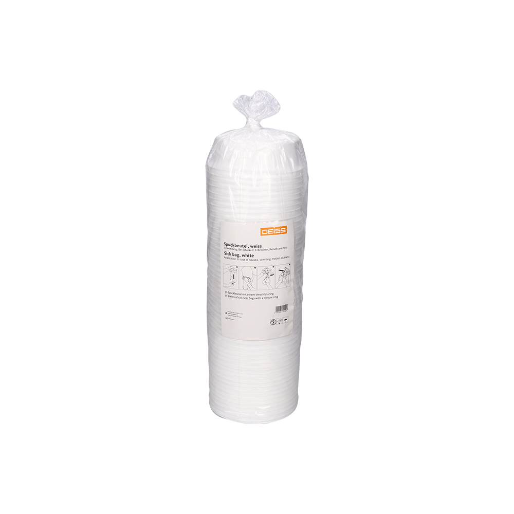 Sealed plastic packaging with DEISS 6008 collection bags/sick bags (165x415 mm, white), 300 pieces per carton from EMIL DEISS KG (GmbH + Co.), with beige label with product information and instructions. Ideal for hygienic use; white background.