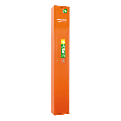 Orange First Aid Stretcher in a Freestanding Cabinet
