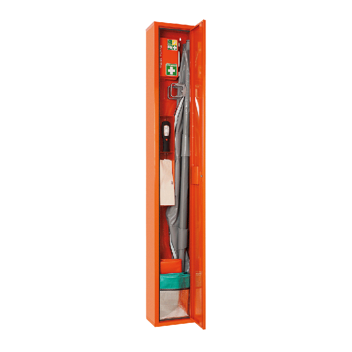 Orange First Aid Stretcher in a Freestanding Cabinet