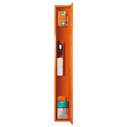 Orange First Aid Stretcher in a Freestanding Cabinet