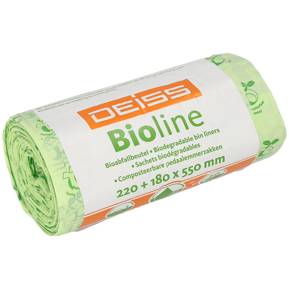 A roll of EMIL DEISS KG (GmbH + Co.) DEISS BIOLINE trash bags, biofilm, 10 L, natural, 220+180x550x0.018 mm (20 bags), in green packaging with multilingual labeling.