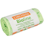 A roll of EMIL DEISS KG (GmbH + Co.) DEISS BIOLINE trash bags, biofilm, 10 L, natural, 220+180x550x0.018 mm (20 bags), in green packaging with multilingual labeling.