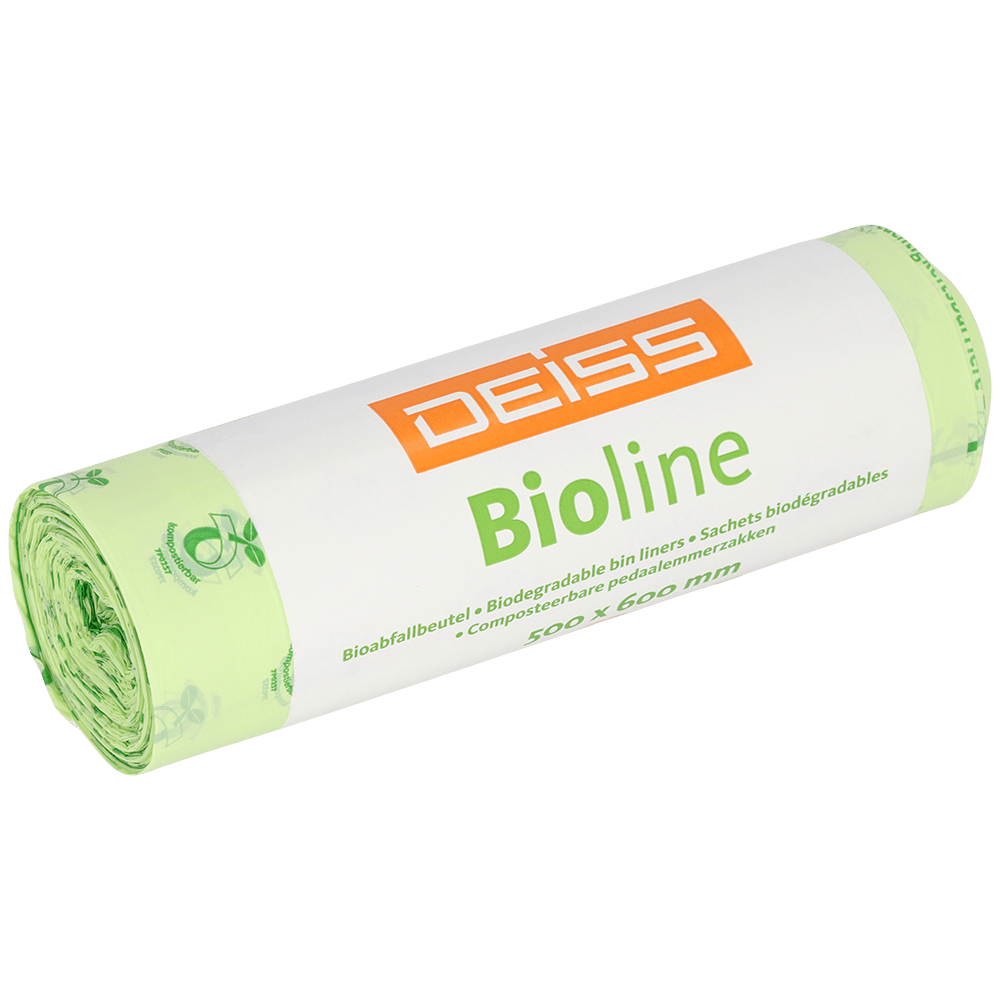 A roll of EMIL DEISS KG DEISS BIOLINE garbage bags, bioplastic, 30L, natural color, 500x600x0.018 mm (20 pieces), highlights the compostable properties for sustainable waste disposal.