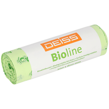 A roll of EMIL DEISS KG DEISS BIOLINE garbage bags, bioplastic, 30L, natural color, 500x600x0.018 mm (20 pieces), highlights the compostable properties for sustainable waste disposal.