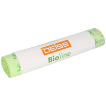 An unopened roll of EMIL DEISS KG (GmbH + Co.) DEISS 6071 biodegradable bags (500+450x1250x0.022mm, natural) with white-orange "DEISS Bioline" label; contains 5 tightly packed bags per roll.