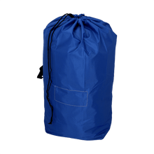 The DEISS 6505 reusable waste bag (700x1100 mm, blue) from EMIL DEISS KG features a black cord and a rectangular front pocket, photographed against a white background.