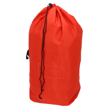 A large red EMIL DEISS KG (GmbH + Co.) DEISS 6506 reusable waste bag (700x1100 mm) with a black drawstring closure and a sewn rectangular area on the front is depicted upright against a plain white background.