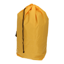 A large yellow EMIL DEISS KG (GmbH + Co.) DEISS 6507 reusable garbage bag 700x1100 mm, package (1 piece), stands upright with black drawstrings and a small front patch, perfect for environmentally friendly waste disposal.