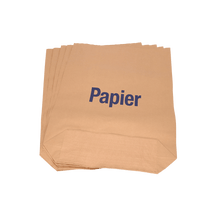 A stack of brown paper bags from EMIL DEISS KG DEISS 7004 (70x95+20 cm, 70 g/m², 2-ply bundle, 25 pieces) with the blue lettering "Paper" on the front, ideal for industrial use or as environmentally friendly garbage bags in waste systems.