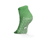The ECO-PLUS anti-slip disposable socks, double-sided coated by AMPri Handelsgesellschaft mbH, is a green ankle sock with white non-slip grips, depicted on an elevated foot against a white background - ideal for medical areas.