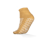 Pictured is a single mustard yellow ECO-PLUS anti-slip disposable sock, double-sided coated by AMPri Handelsgesellschaft mbH, on a white background, with white non-slip grips and ideal for medical areas.