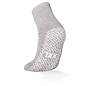 Pictured is a single gray ECO-PLUS anti-slip disposable sock from AMPri Handelsgesellschaft mbH with a white anti-slip grip and "TXX" lettering on the sole. Double-sided coated, ideal for medical areas; the background is plain white.