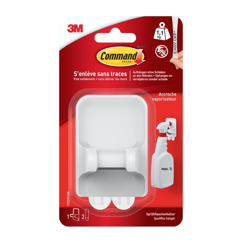 The Command™ spray bottle hanger 17009 from 3M Germany GmbH is presented in a red and white packaging with French text, an image of a spray bottle, and advertises this space-saving hanger with adhesive strips.