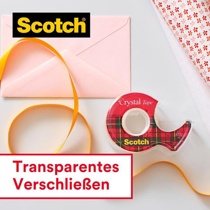 A pack of Scotch® Crystal Tape (19mm x 25m + 5m FREE) on a hand dispenser from 3M Deutschland GmbH, a pink envelope, yellow ribbon, and wrapping paper lie on a white background. In the image: "Transparent sealing.