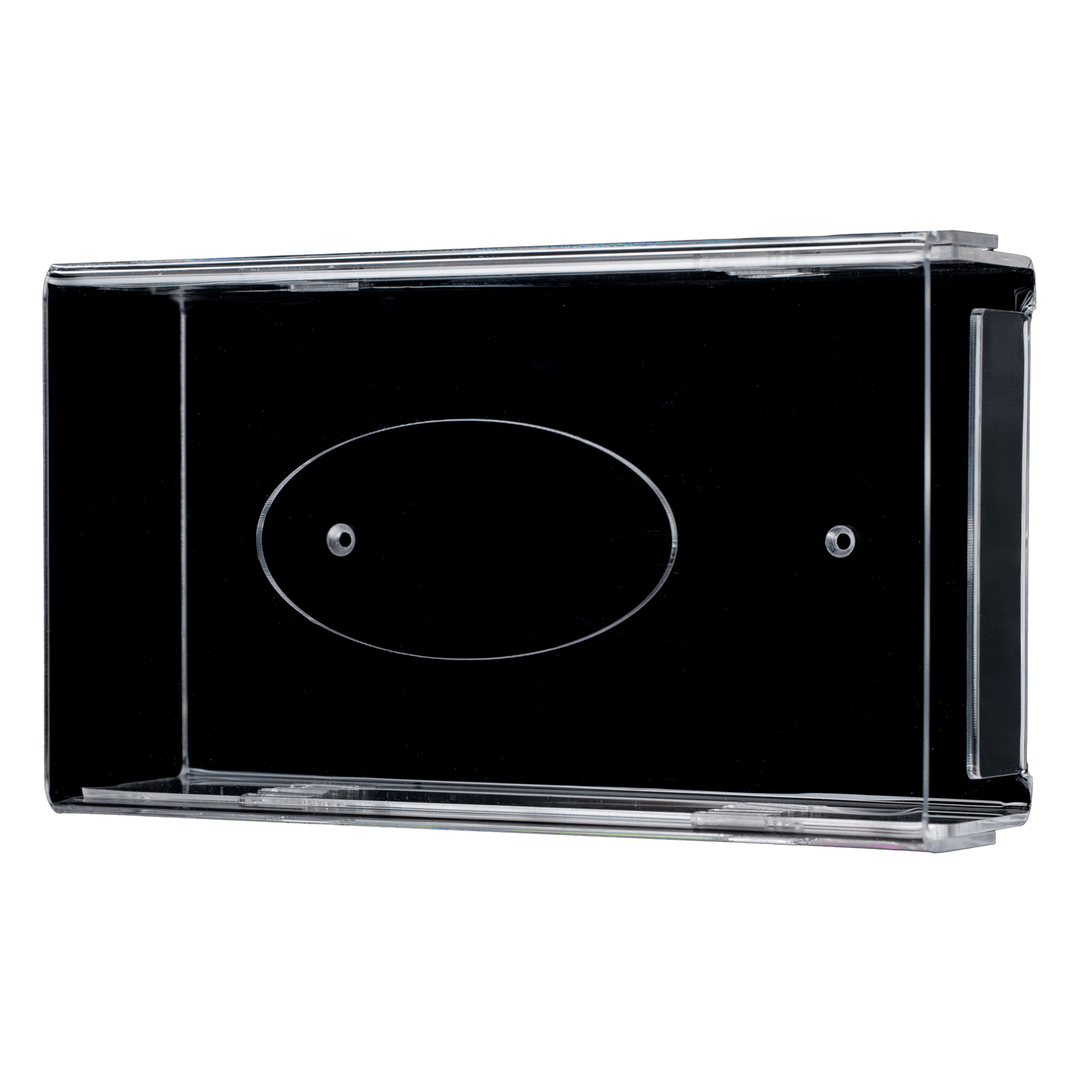 The AMPri disposable glove dispenser is a transparent, milky acrylic wall holder (250 x 135 x 55-90 mm) with two screw holes and an oval center section, depicted on a white background.