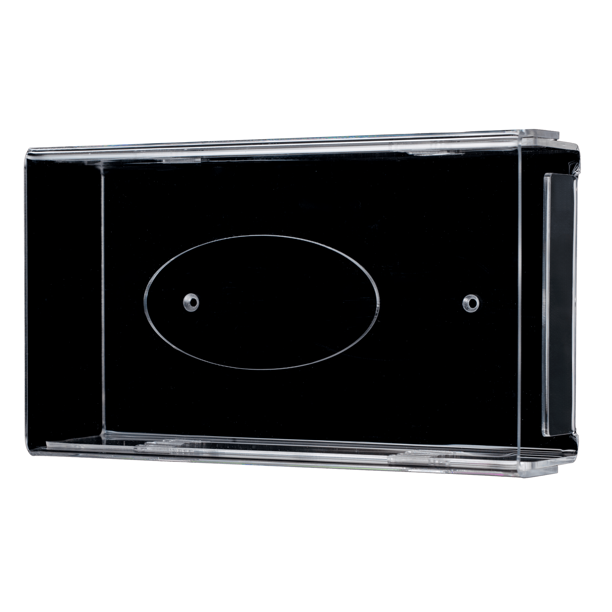 The AMPri disposable glove dispenser is a transparent, milky acrylic wall holder (250 x 135 x 55-90 mm) with two screw holes and an oval center section, depicted on a white background.