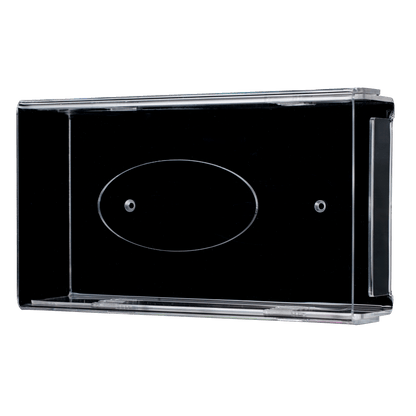The AMPri disposable glove dispenser is a transparent, milky acrylic wall holder (250 x 135 x 55-90 mm) with two screw holes and an oval center section, depicted on a white background.
