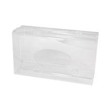 A transparent, milky acrylic disposable glove dispenser (250 x 135 x 55-90 mm) from AMPri Handelsgesellschaft mbH is shown closed and empty with a flip-top lid against a plain white background, ideal for organized glove storage.