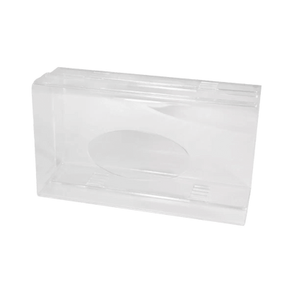 A transparent, milky acrylic disposable glove dispenser (250 x 135 x 55-90 mm) from AMPri Handelsgesellschaft mbH is shown closed and empty with a flip-top lid against a plain white background, ideal for organized glove storage.