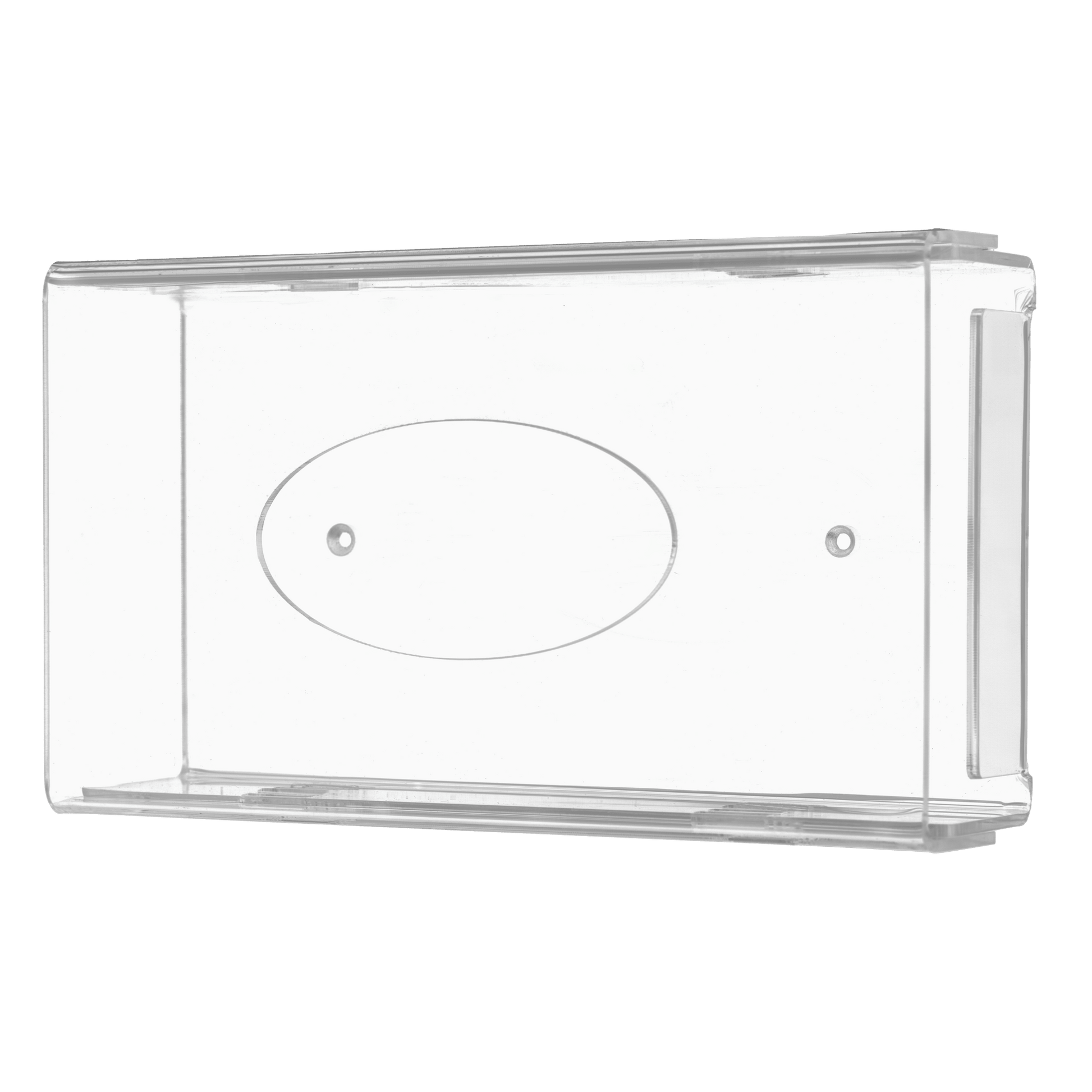 The AMPri disposable glove dispenser is a transparent, milky acrylic dispenser holder (250 x 135 x 55-90 mm) with rounded edges, a flat bottom, a central oval recess, and mounting holes for easy wall installation.