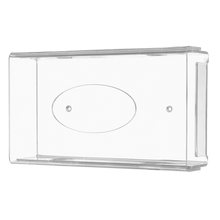 The AMPri disposable glove dispenser is a transparent, milky acrylic dispenser holder (250 x 135 x 55-90 mm) with rounded edges, a flat bottom, a central oval recess, and mounting holes for easy wall installation.