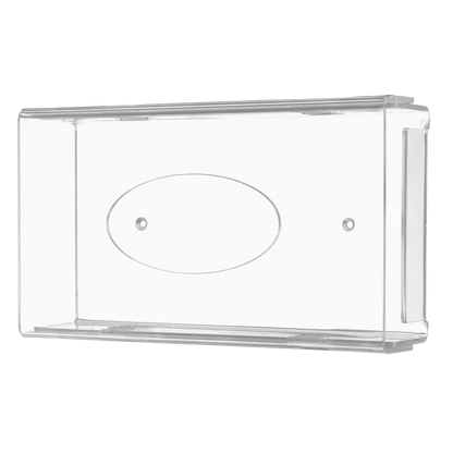 The AMPri disposable glove dispenser is a transparent, milky acrylic dispenser holder (250 x 135 x 55-90 mm) with rounded edges, a flat bottom, a central oval recess, and mounting holes for easy wall installation.