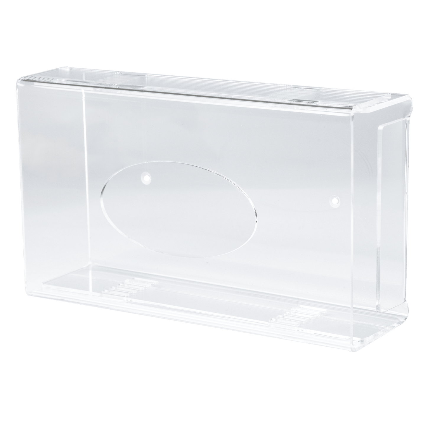 The AMPri disposable glove dispenser is a transparent, milky acrylic dispenser holder (250 x 135 x 55-90 mm) with smooth edges and an oval recess on one side, depicted on a plain white background.