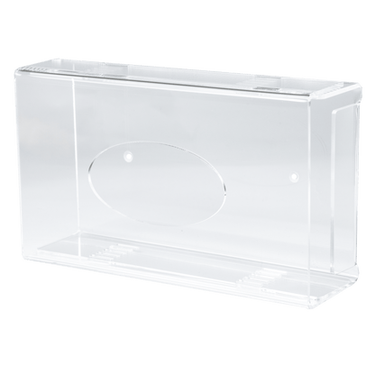 The AMPri disposable glove dispenser is a transparent, milky acrylic dispenser holder (250 x 135 x 55-90 mm) with smooth edges and an oval recess on one side, depicted on a plain white background.