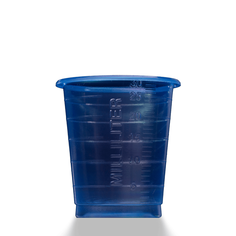 The MED COMFORT ECO disposable medical cup 30 ml graduated by AMPri Handelsgesellschaft mbH is a blue plastic cup with clear 5-30 ml graduations, depicted against a plain white background.