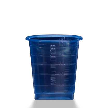 The MED COMFORT ECO disposable medical cup 30 ml graduated by AMPri Handelsgesellschaft mbH is a blue plastic cup with clear 5-30 ml graduations, depicted against a plain white background.