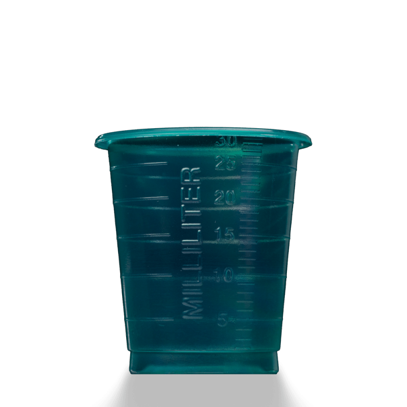 A translucent teal-colored MED COMFORT ECO disposable medical cup 30 ml graduated by AMPri Handelsgesellschaft mbH with milliliter markings, depicted against a plain white background.