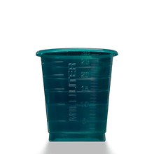 A translucent teal-colored MED COMFORT ECO disposable medical cup 30 ml graduated by AMPri Handelsgesellschaft mbH with milliliter markings, depicted against a plain white background.