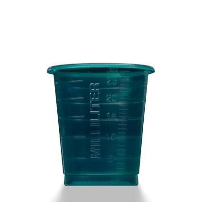 A translucent teal-colored MED COMFORT ECO disposable medical cup 30 ml graduated by AMPri Handelsgesellschaft mbH with milliliter markings, depicted against a plain white background.