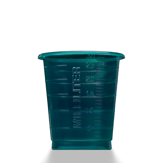 A translucent teal-colored MED COMFORT ECO disposable medical cup 30 ml graduated by AMPri Handelsgesellschaft mbH with milliliter markings, depicted against a plain white background.