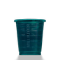 A translucent teal-colored MED COMFORT ECO disposable medical cup 30 ml graduated by AMPri Handelsgesellschaft mbH with milliliter markings, depicted against a plain white background.