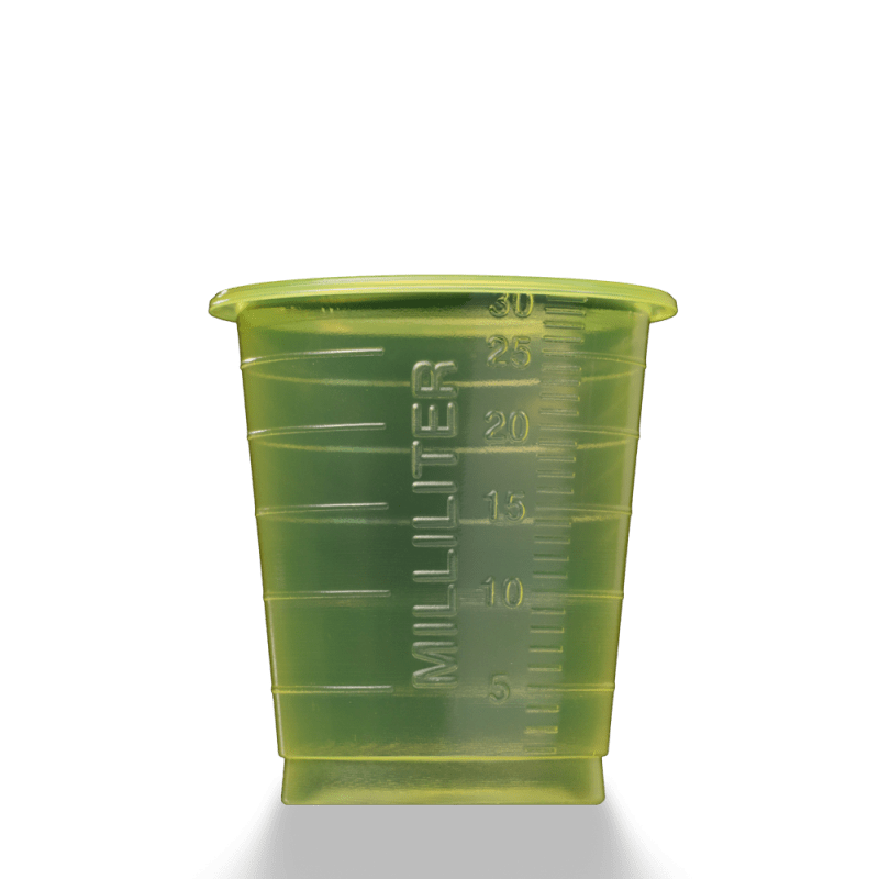The MED COMFORT ECO disposable medical cup 30 ml graduated by AMPri Handelsgesellschaft mbH is a green, translucent plastic cup with measurement markings, depicted against a plain white background.