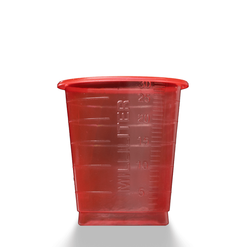 Depicted is a MED COMFORT ECO disposable medical cup 30 ml graduated by AMPri Handelsgesellschaft mbH made of red plastic with 5-30 ml milliliter markings on a plain white background.
